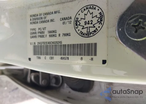 2012 Honda Civic Lx из США, поврежденный, VIN 2HGFB2E40CH020245